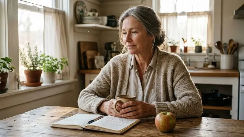 Femme de 55 ans assise à une table de cuisine, une tasse de thé entre les mains, un carnet de notes ouvert et une pomme posée devant elle.