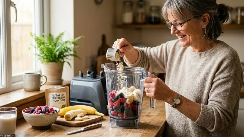 Femme de 55 ans préparant un smoothie dans un mixeur, ajoutant une cuillère de poudre de protéines à des fruits
rouges et une banane coupée sur le plan de travail.